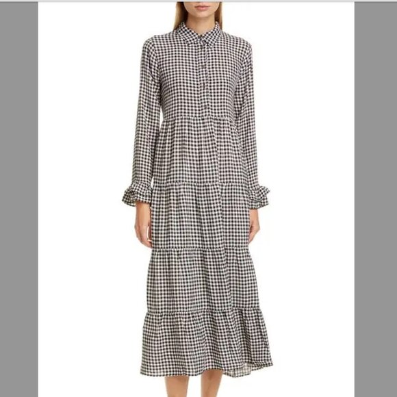 GANNI Printed Gingham Crepe Boho Maxi Dress Black/White Size 36 - Picture 6 of 6